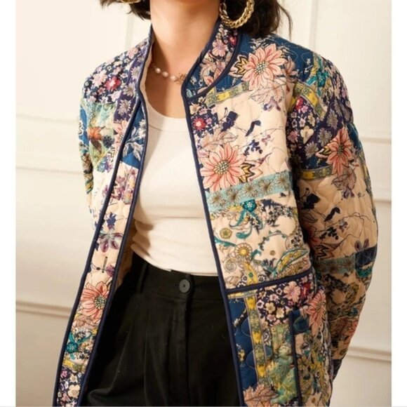 Blue Quilted Jacket Patchwork Winter Floral Grannycore Cottagecore Coat L - Picture 2 of 16